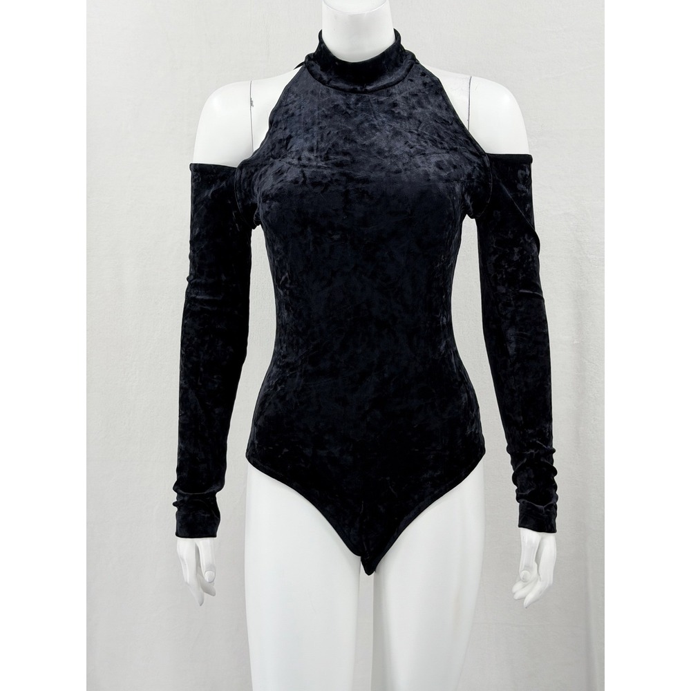 Cache Bodysuit Womens Small Black Crushed Velvet Cold Shoulder Club Edgy Y2K‎